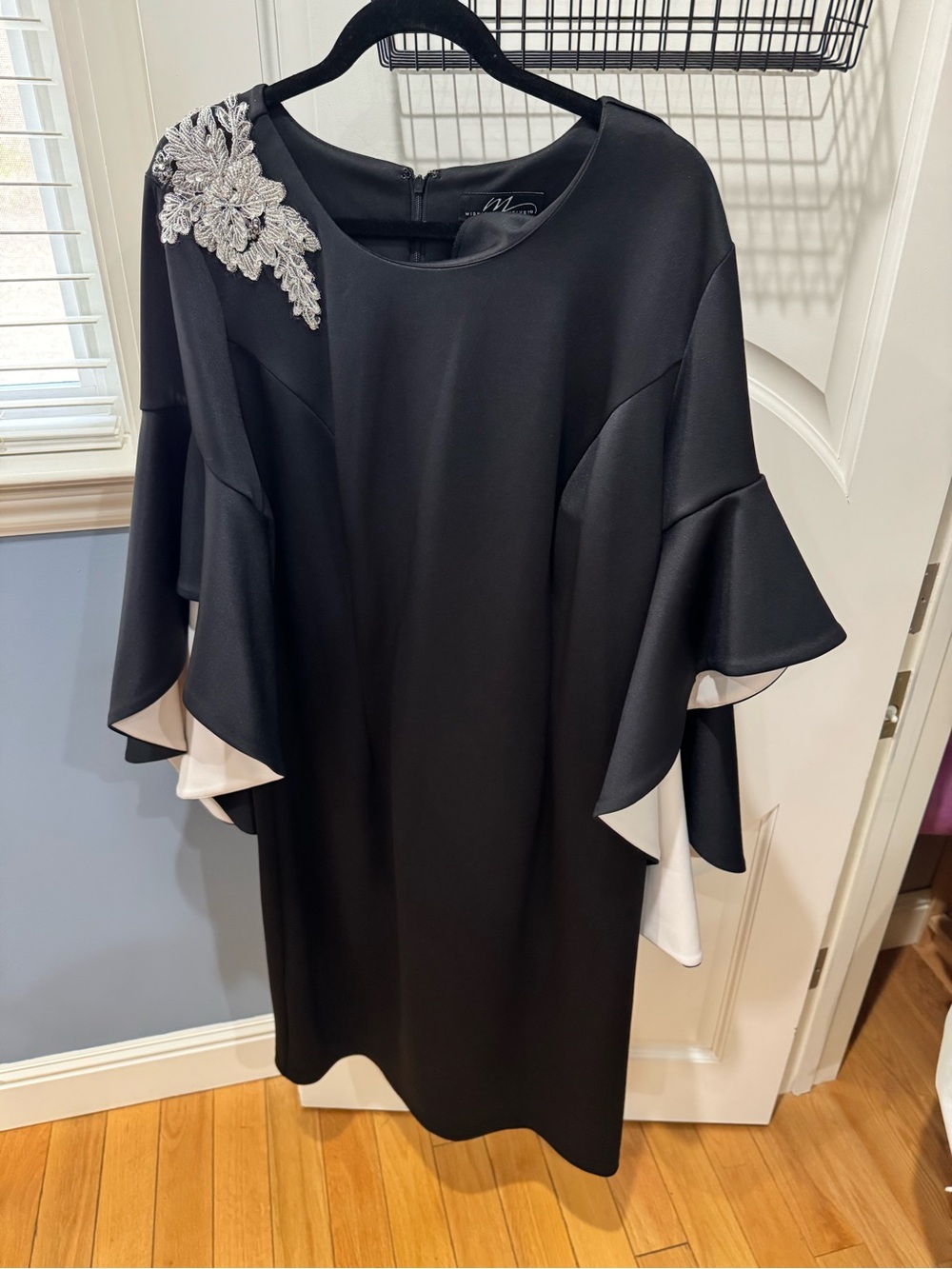 Midnight Velvet Black Dress with White Ruffle Inset and Silver Appliqué